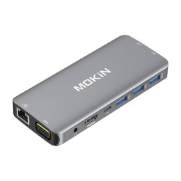 Adapter Hub 10w1 MOKiN USB-C do 3x USB 3.0 + USB-C charging + HDMI + 3.5mm audio + VGA + 2x RJ45 + Micro SD Reader ( srebrny)